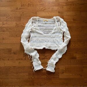 Urban Outfitters Beatrix Cold Shoulder Open Knit Cropped Sweater Ivory Cream XS
